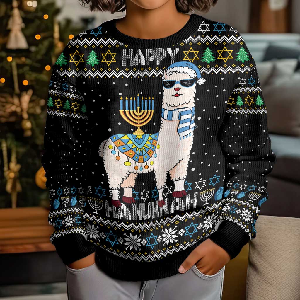 Happy Hanukkah Llama Kid Ugly Christmas Sweater Funny Menorah for Jewish Holiday - Wonder Print Shop