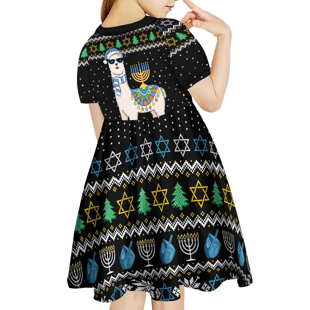 Happy Hanukkah Llama Kid Short Sleeve Dress Funny Menorah for Jewish Holiday - Wonder Print Shop