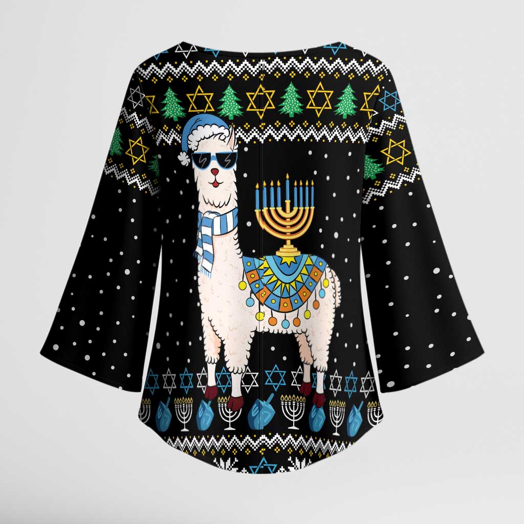 Happy Hanukkah Llama Kimono Sleeve Blouse Funny Menorah for Jewish Holiday - Wonder Print Shop