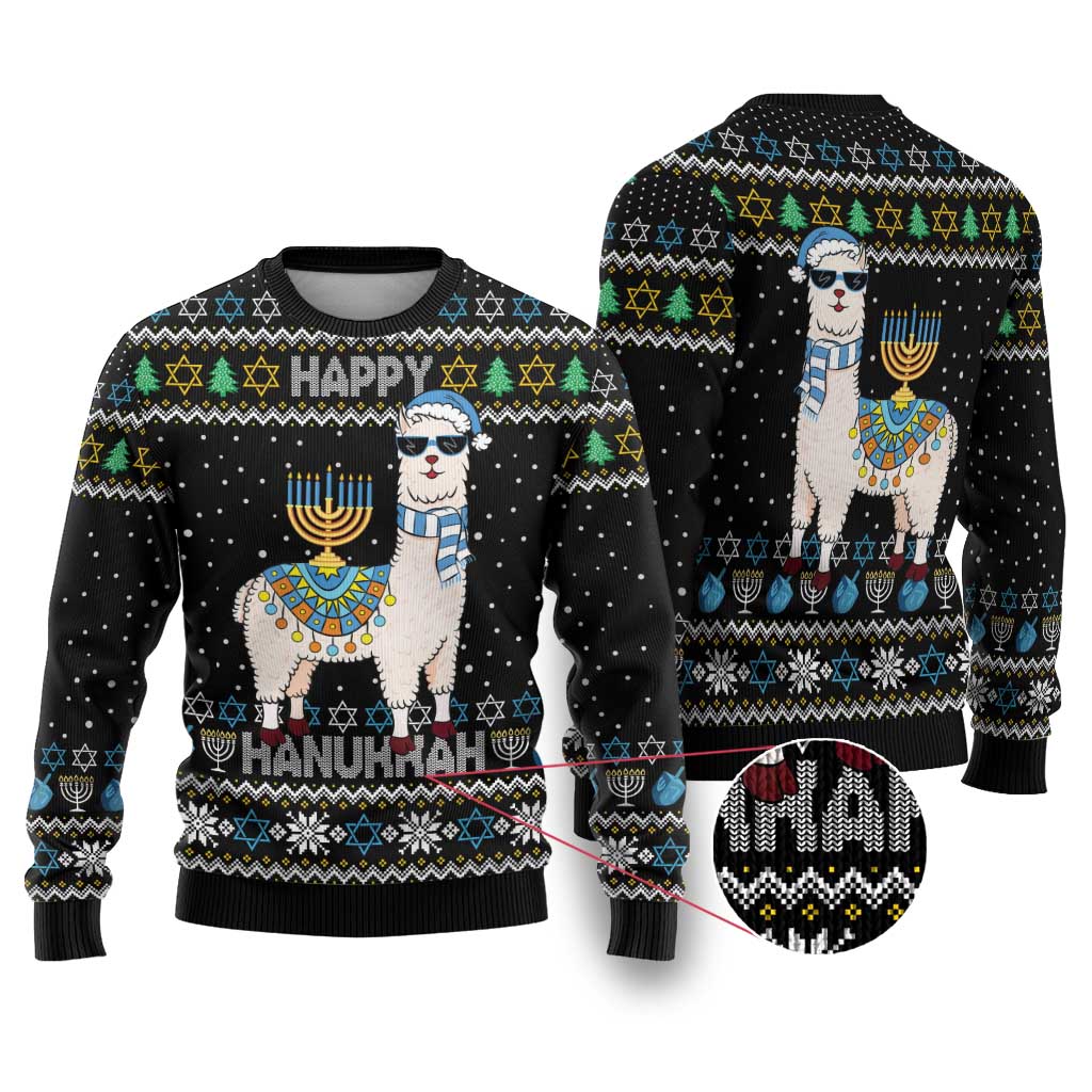 Happy Hanukkah Llama Ugly Christmas Sweater Funny Menorah for Jewish Holiday - Wonder Print Shop
