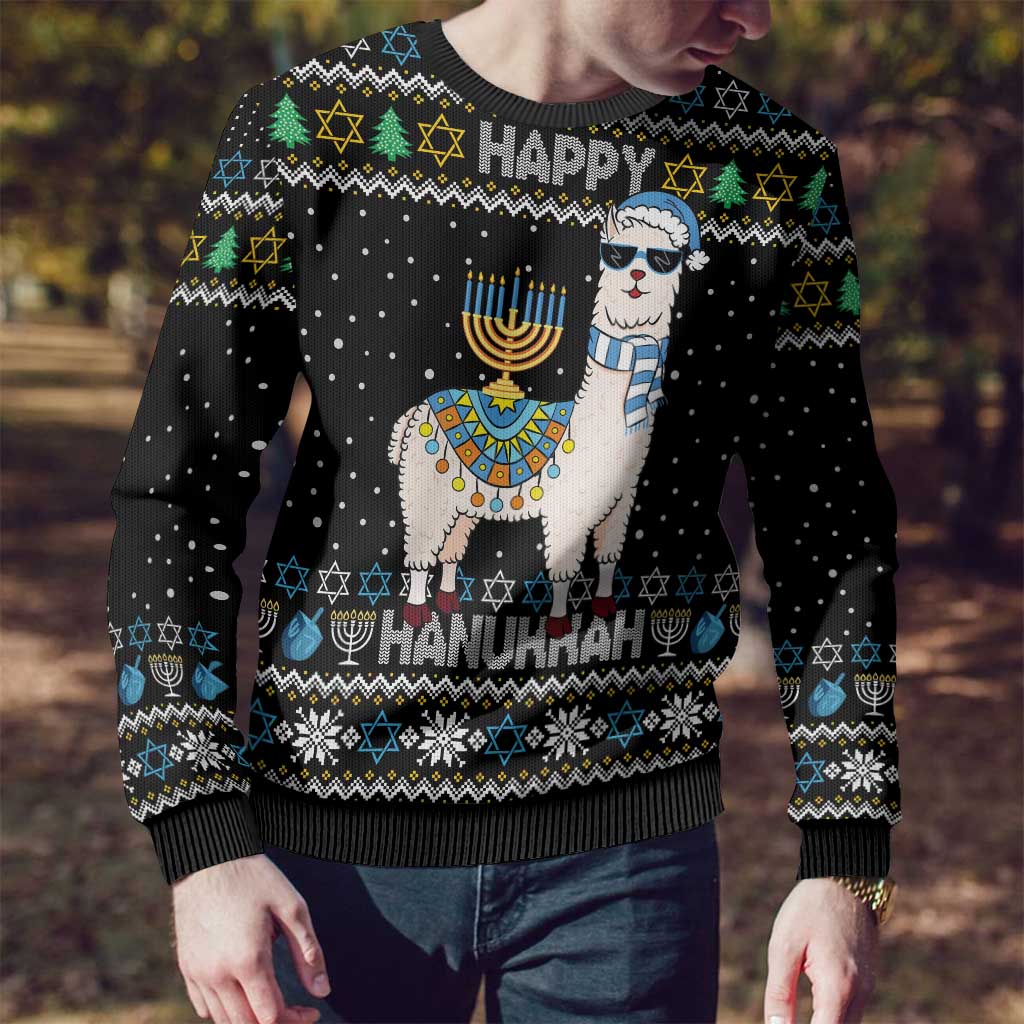 Happy Hanukkah Llama Ugly Christmas Sweater Funny Menorah for Jewish Holiday - Wonder Print Shop