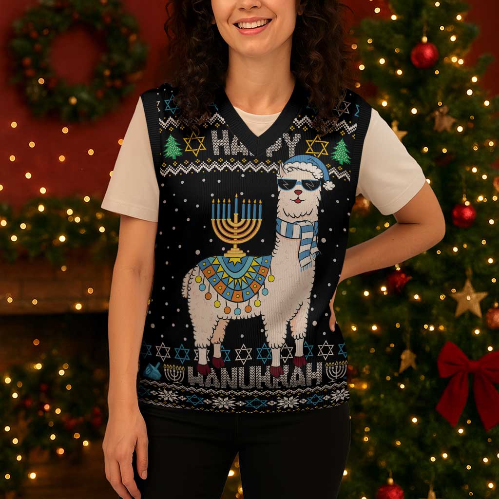Happy Hanukkah Llama Christmas Knitted V-Neck Vest Funny Menorah for Jewish Holiday - Wonder Print Shop