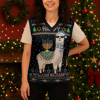 Happy Hanukkah Llama Christmas Knitted V-Neck Vest Funny Menorah for Jewish Holiday - Wonder Print Shop