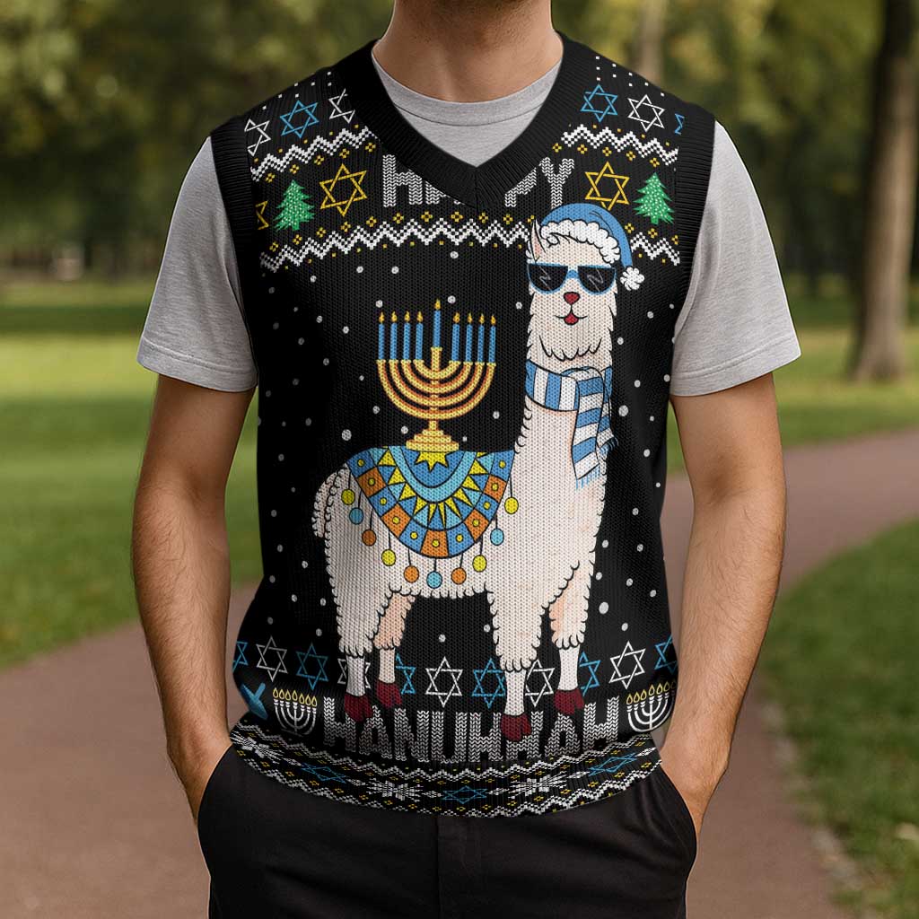 Happy Hanukkah Llama Christmas Knitted V-Neck Vest Funny Menorah for Jewish Holiday - Wonder Print Shop