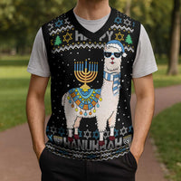 Happy Hanukkah Llama Christmas Knitted V-Neck Vest Funny Menorah for Jewish Holiday - Wonder Print Shop