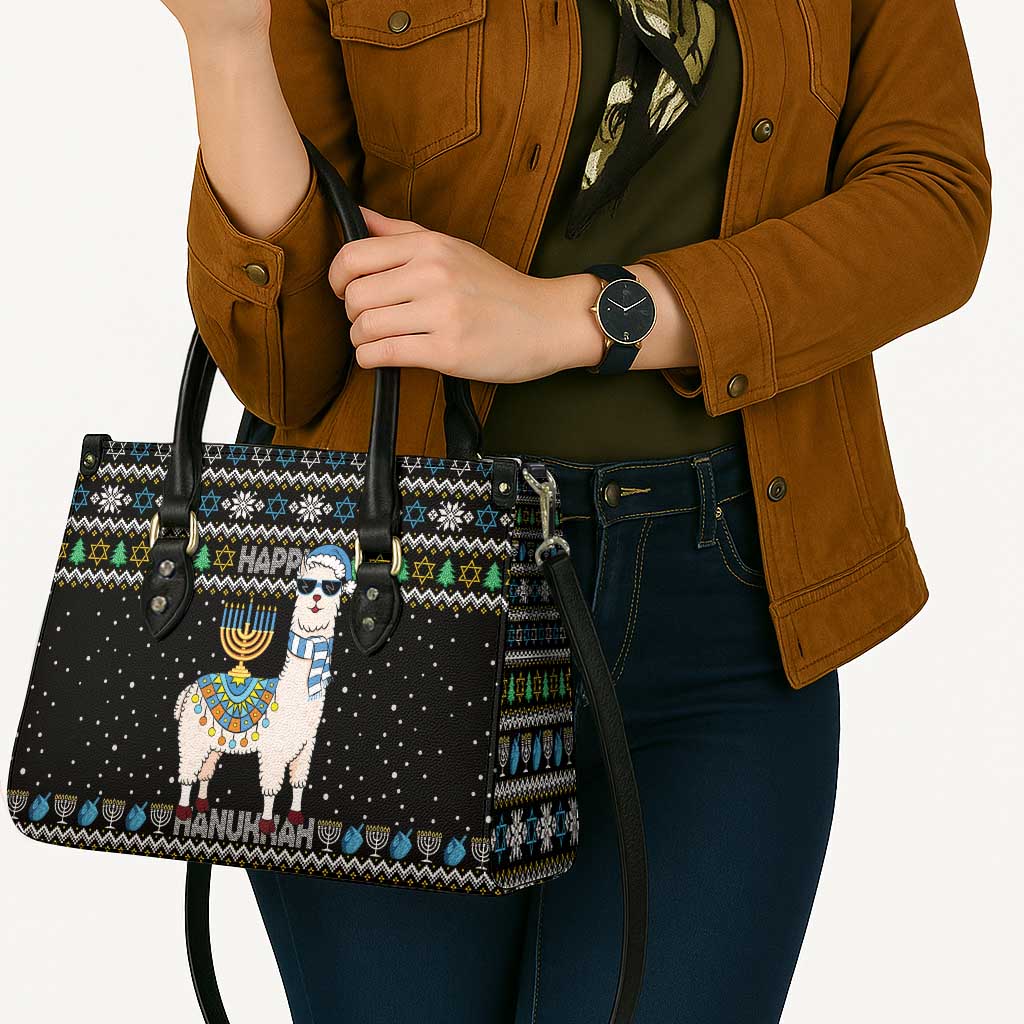 Happy Hanukkah Llama Leather Bag Funny Menorah for Jewish Holiday - Wonder Print Shop