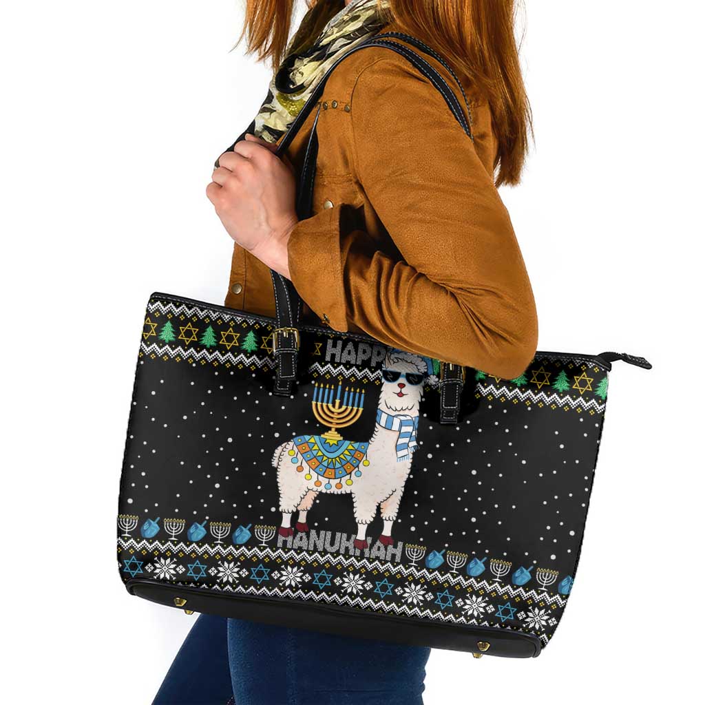 Happy Hanukkah Llama Leather Tote Bag Funny Menorah for Jewish Holiday - Wonder Print Shop
