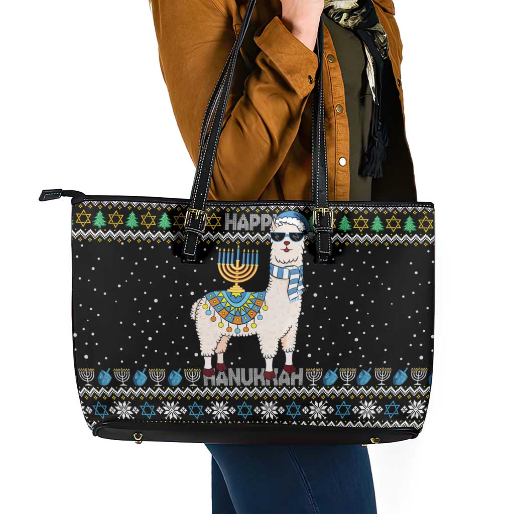 Happy Hanukkah Llama Leather Tote Bag Funny Menorah for Jewish Holiday - Wonder Print Shop