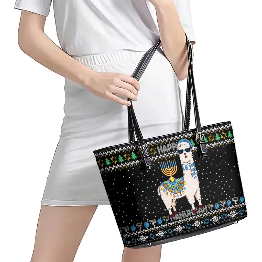 Happy Hanukkah Llama Leather Tote Bag Funny Menorah for Jewish Holiday - Wonder Print Shop