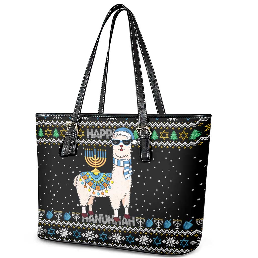 Happy Hanukkah Llama Leather Tote Bag Funny Menorah for Jewish Holiday - Wonder Print Shop