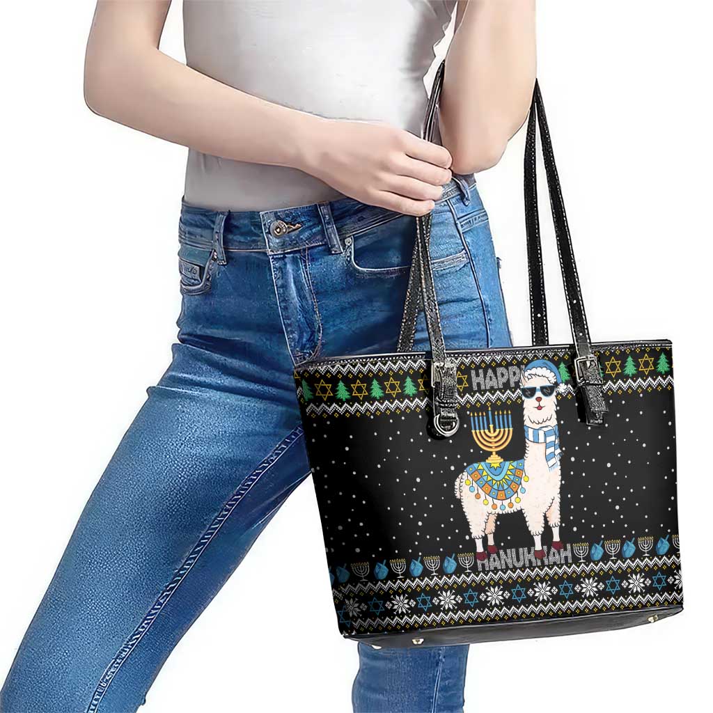 Happy Hanukkah Llama Leather Tote Bag Funny Menorah for Jewish Holiday - Wonder Print Shop