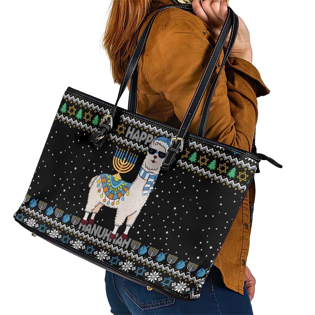 Happy Hanukkah Llama Leather Tote Bag Funny Menorah for Jewish Holiday - Wonder Print Shop
