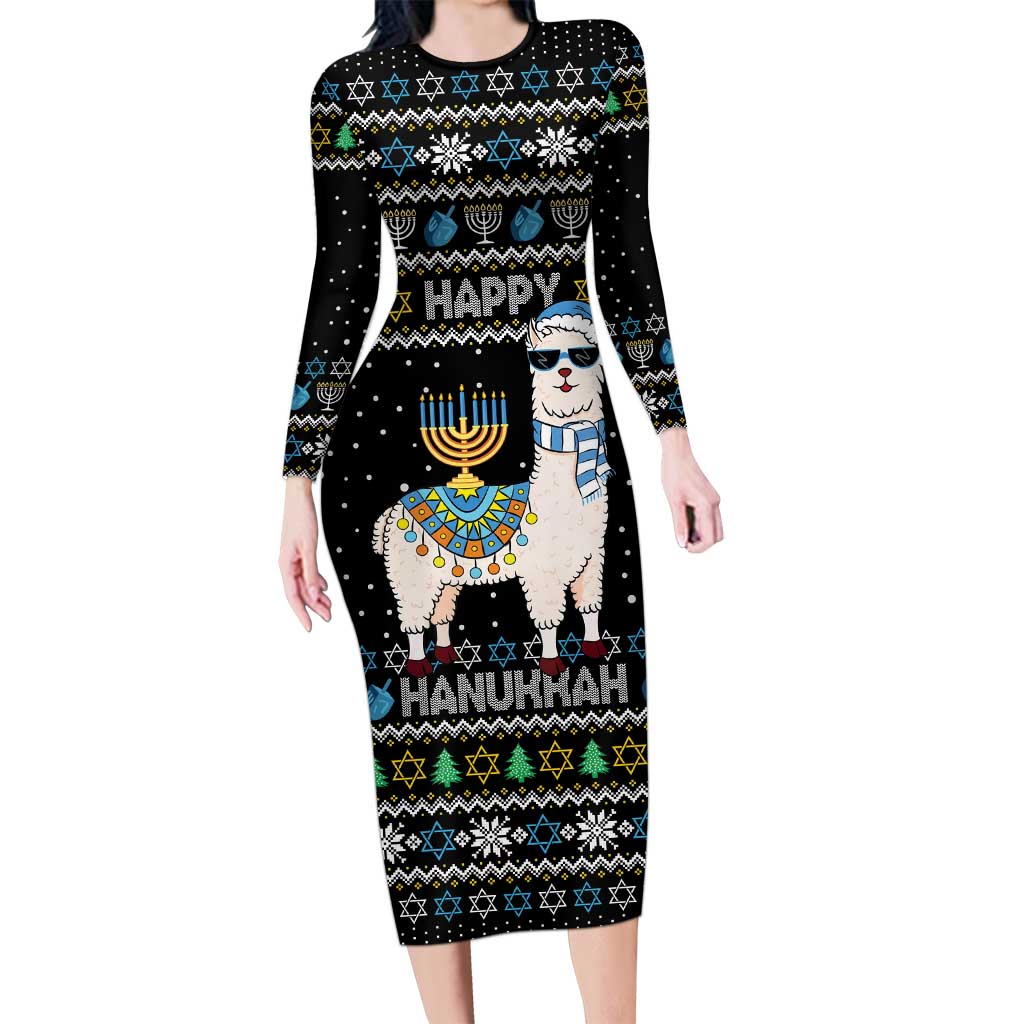 Happy Hanukkah Llama Long Sleeve Bodycon Dress Funny Menorah for Jewish Holiday - Wonder Print Shop