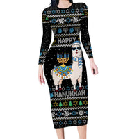 Happy Hanukkah Llama Long Sleeve Bodycon Dress Funny Menorah for Jewish Holiday - Wonder Print Shop