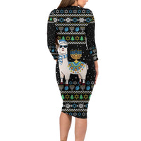 Happy Hanukkah Llama Long Sleeve Bodycon Dress Funny Menorah for Jewish Holiday - Wonder Print Shop