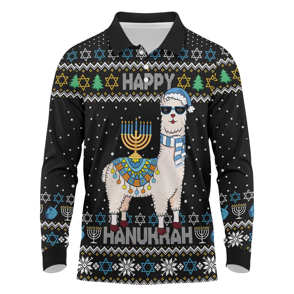 Happy Hanukkah Llama Long Sleeve Polo Shirt Funny Menorah for Jewish Holiday - Wonder Print Shop
