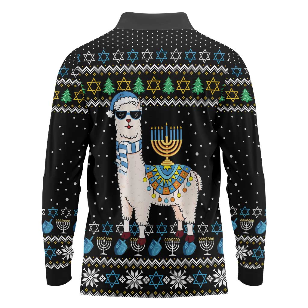 Happy Hanukkah Llama Long Sleeve Polo Shirt Funny Menorah for Jewish Holiday - Wonder Print Shop