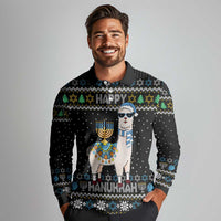 Happy Hanukkah Llama Long Sleeve Polo Shirt Funny Menorah for Jewish Holiday - Wonder Print Shop