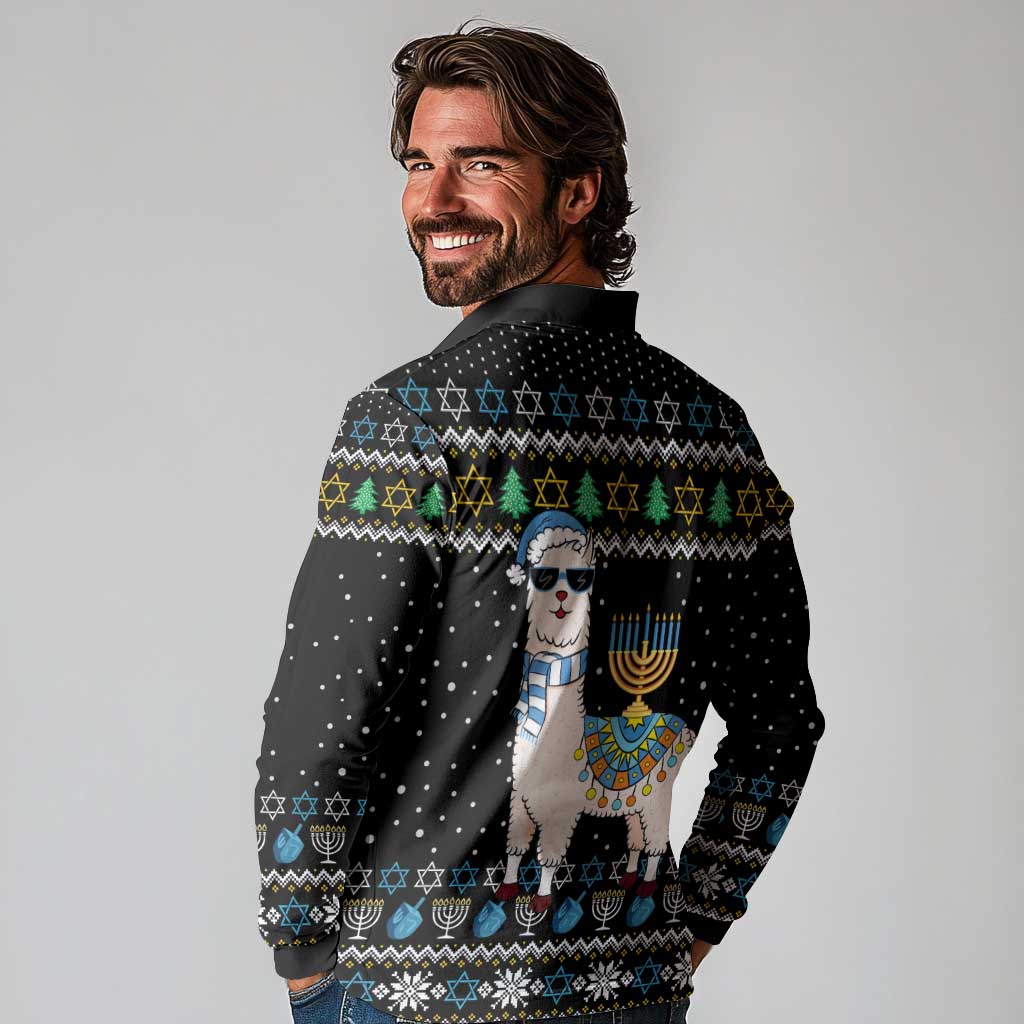 Happy Hanukkah Llama Long Sleeve Polo Shirt Funny Menorah for Jewish Holiday - Wonder Print Shop