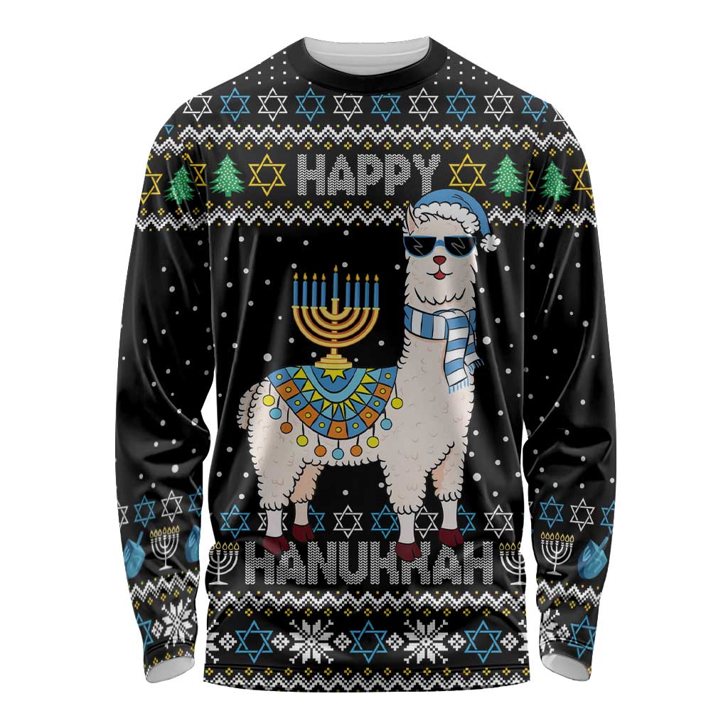 Happy Hanukkah Llama Long Sleeve Shirt Funny Menorah for Jewish Holiday - Wonder Print Shop