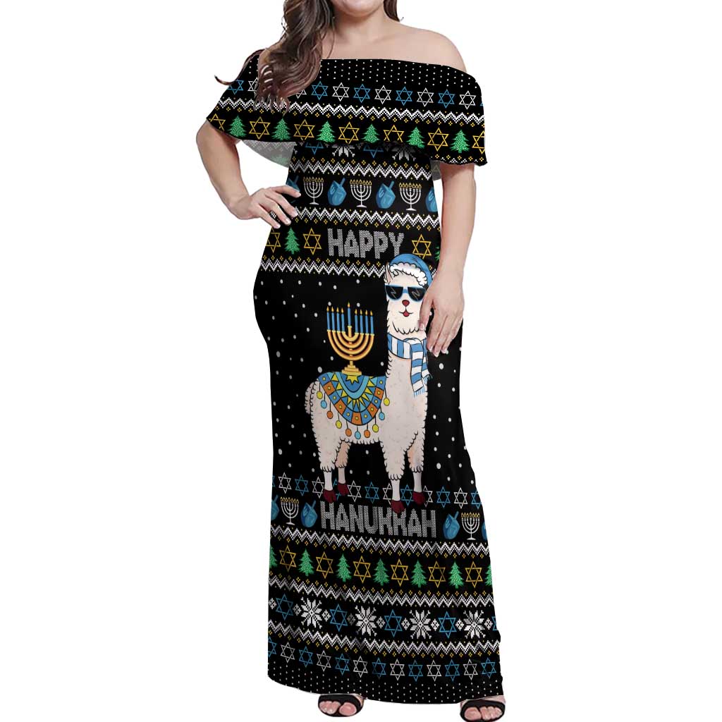 Happy Hanukkah Llama Off Shoulder Maxi Dress Funny Menorah for Jewish Holiday - Wonder Print Shop