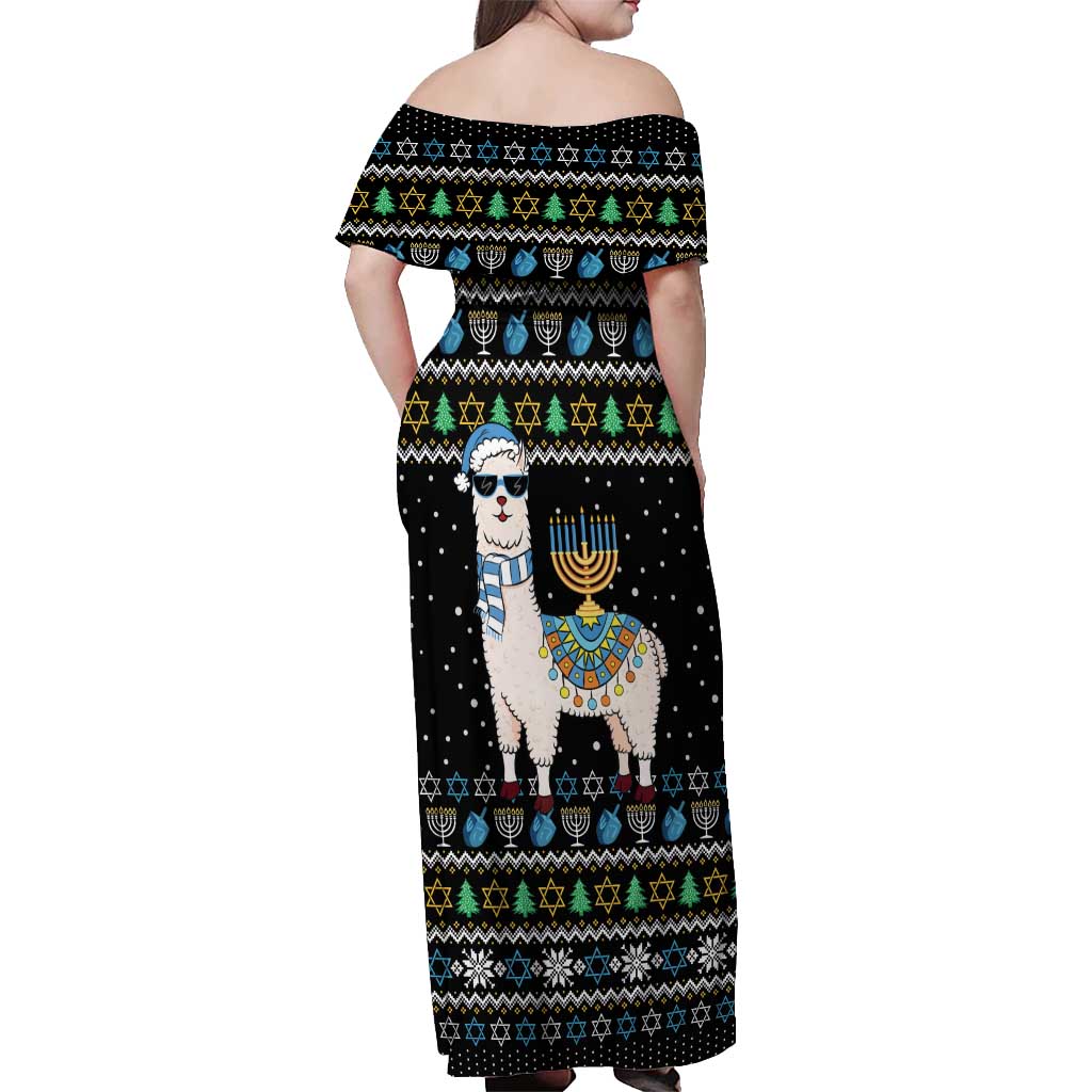 Happy Hanukkah Llama Off Shoulder Maxi Dress Funny Menorah for Jewish Holiday - Wonder Print Shop