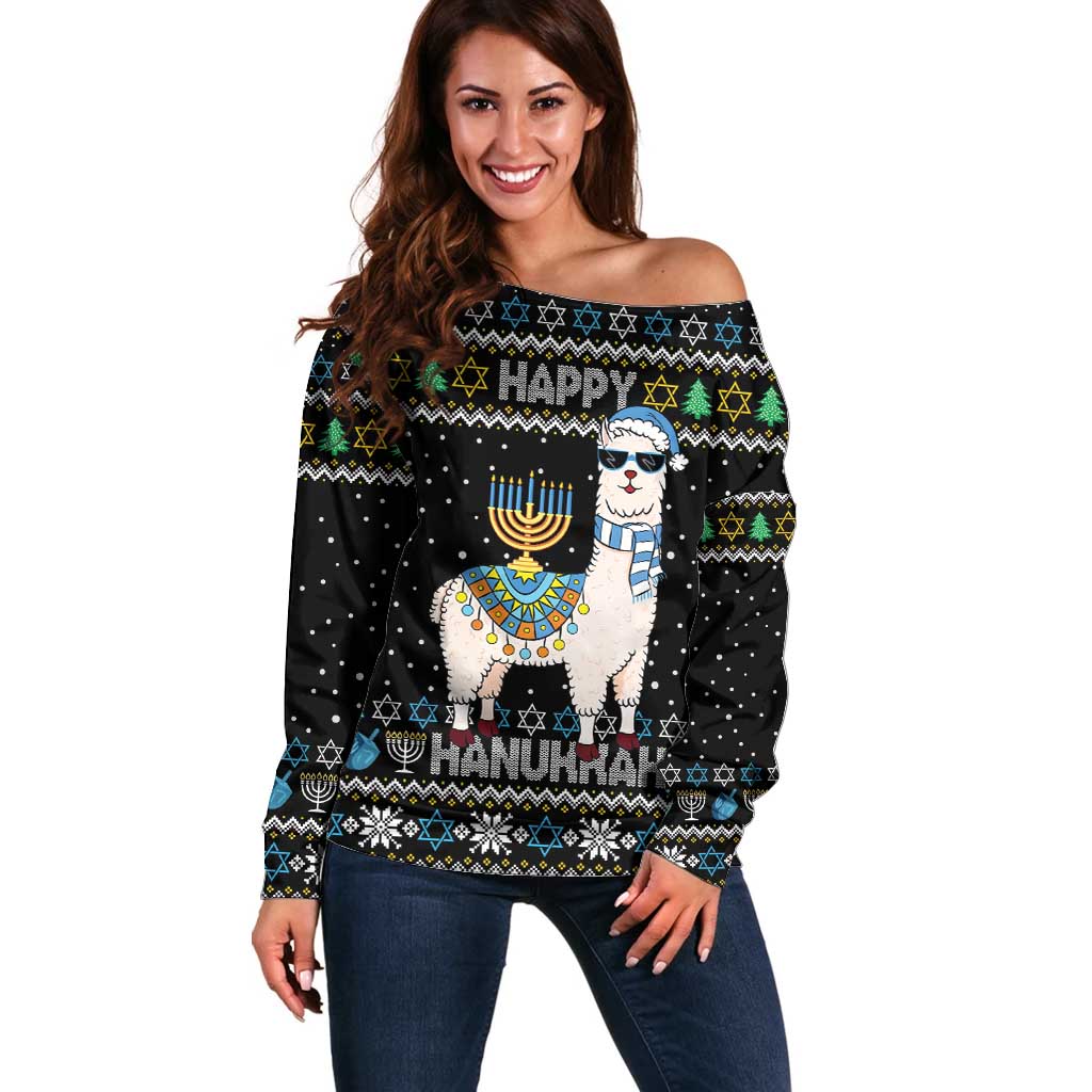 Happy Hanukkah Llama Off Shoulder Sweater Funny Menorah for Jewish Holiday - Wonder Print Shop