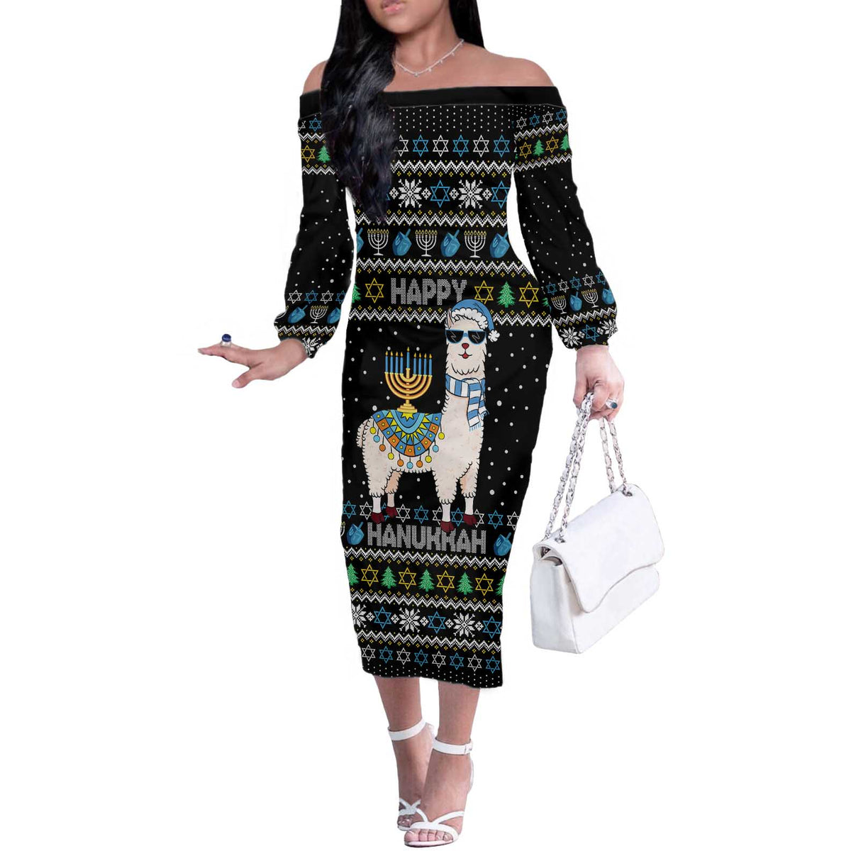 Happy Hanukkah Llama Off The Shoulder Long Sleeve Dress Funny Menorah for Jewish Holiday - Wonder Print Shop