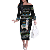 Happy Hanukkah Llama Off The Shoulder Long Sleeve Dress Funny Menorah for Jewish Holiday - Wonder Print Shop