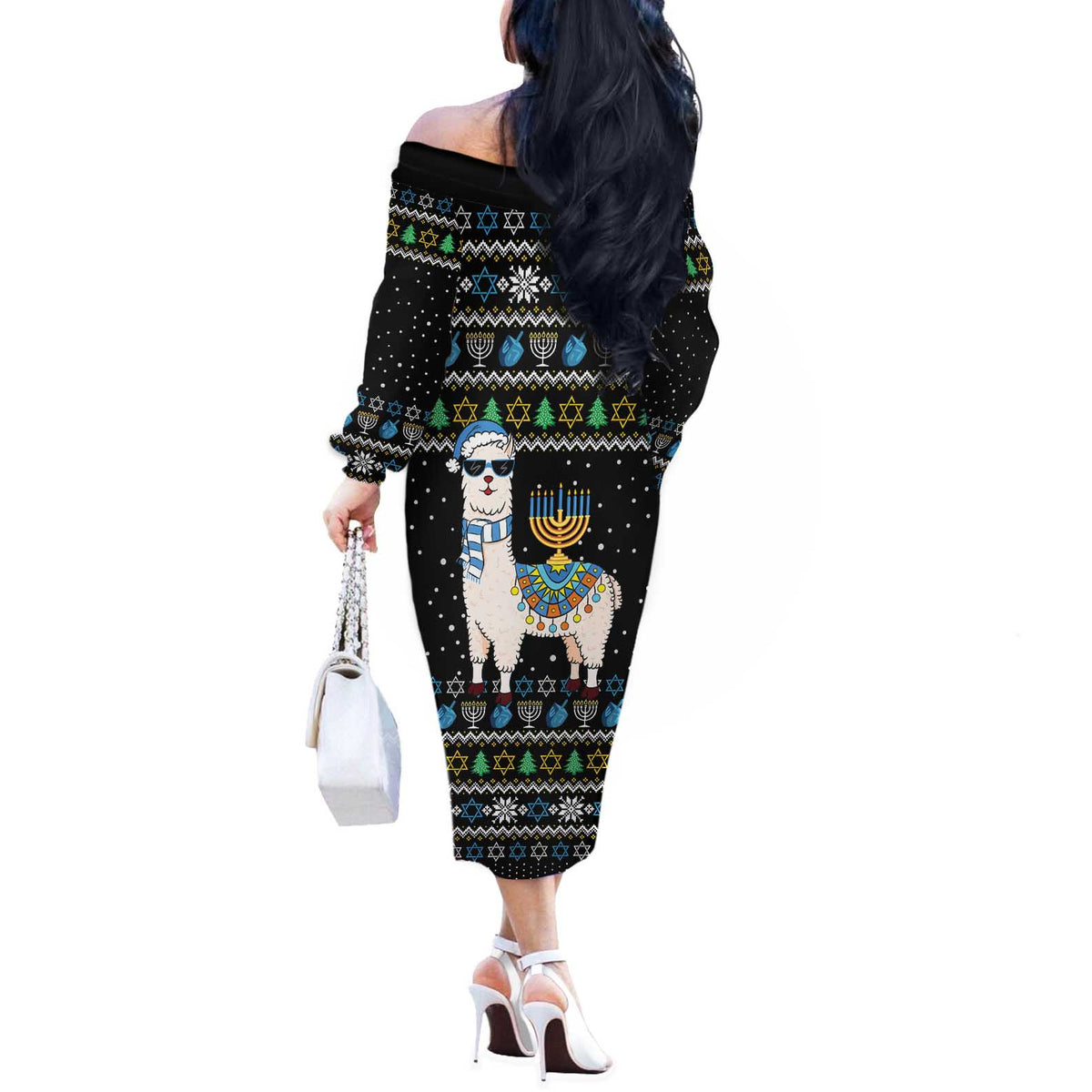 Happy Hanukkah Llama Off The Shoulder Long Sleeve Dress Funny Menorah for Jewish Holiday - Wonder Print Shop