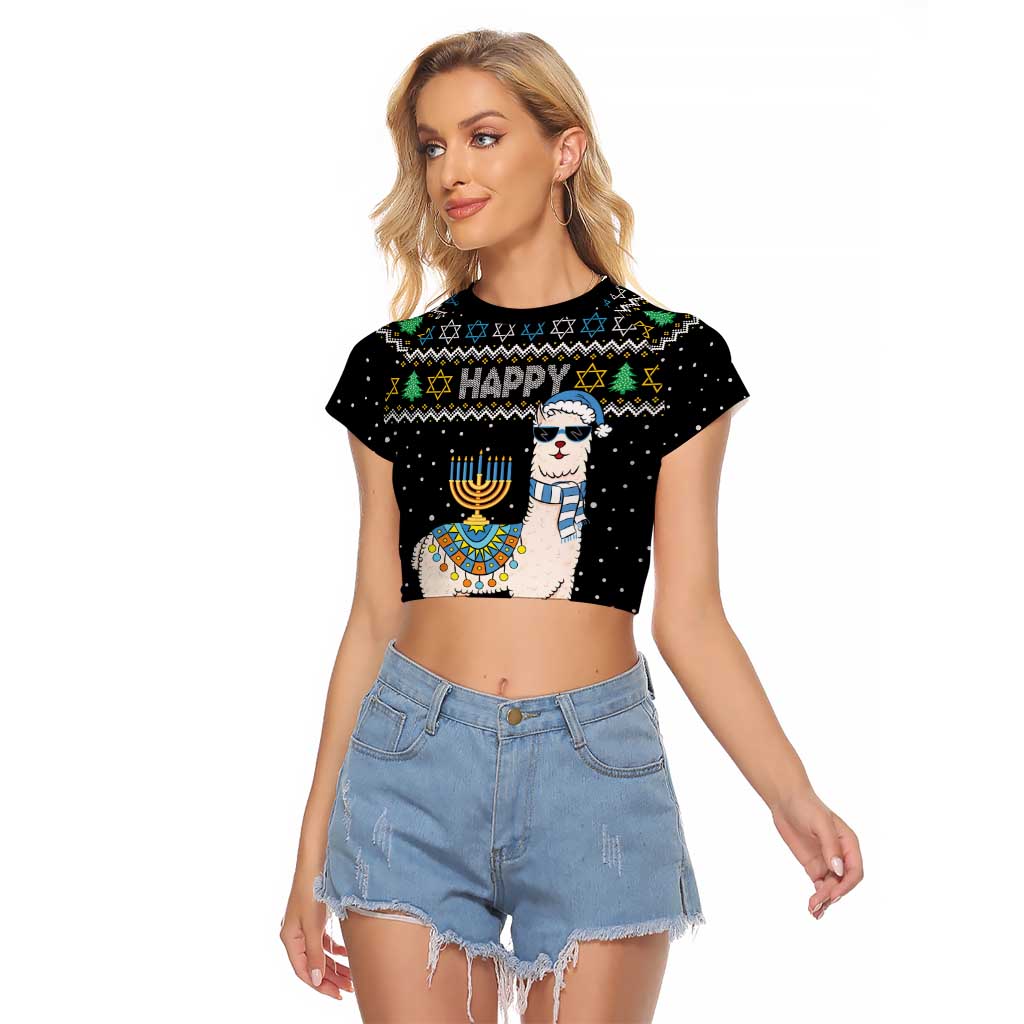 Happy Hanukkah Llama Raglan Cropped T Shirt Funny Menorah for Jewish Holiday - Wonder Print Shop