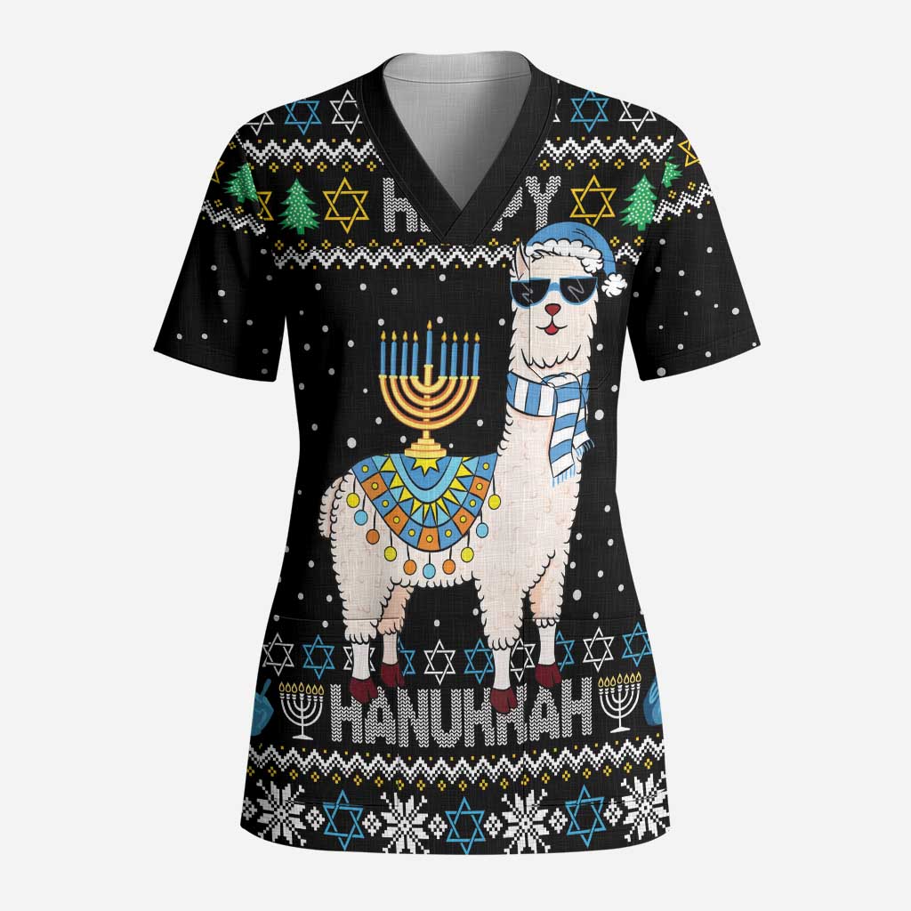 Happy Hanukkah Llama Scrub Top Funny Menorah for Jewish Holiday - Wonder Print Shop