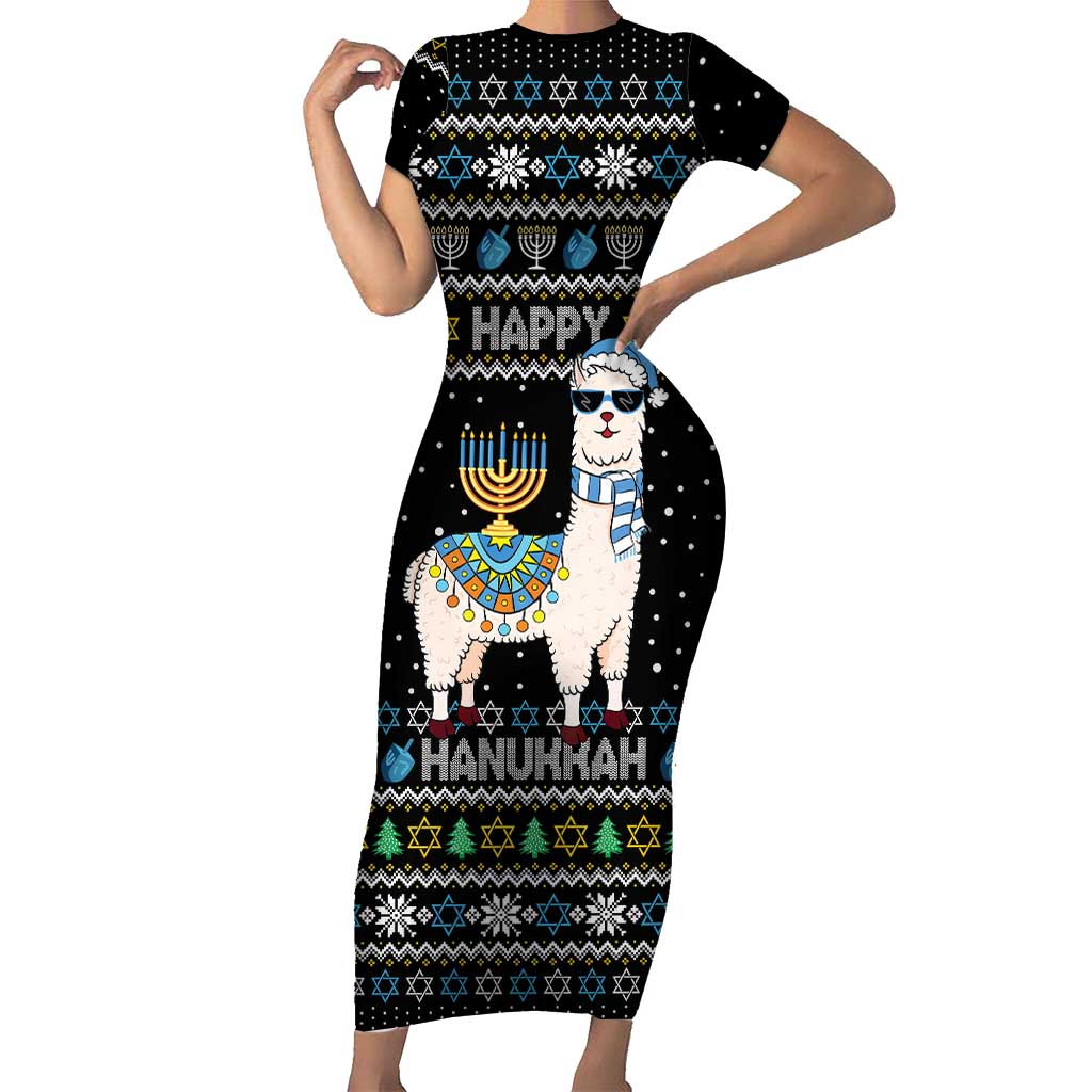 Happy Hanukkah Llama Short Sleeve Bodycon Dress Funny Menorah for Jewish Holiday - Wonder Print Shop
