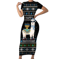 Happy Hanukkah Llama Short Sleeve Bodycon Dress Funny Menorah for Jewish Holiday - Wonder Print Shop