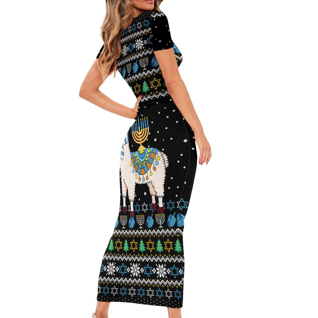 Happy Hanukkah Llama Short Sleeve Bodycon Dress Funny Menorah for Jewish Holiday - Wonder Print Shop