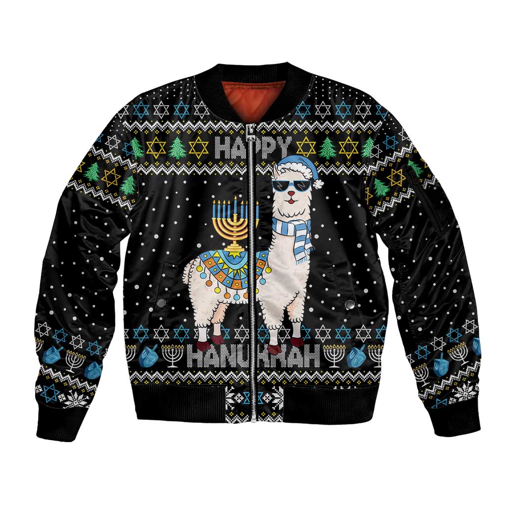 Happy Hanukkah Llama Sleeve Zip Bomber Jacket Funny Menorah for Jewish Holiday - Wonder Print Shop