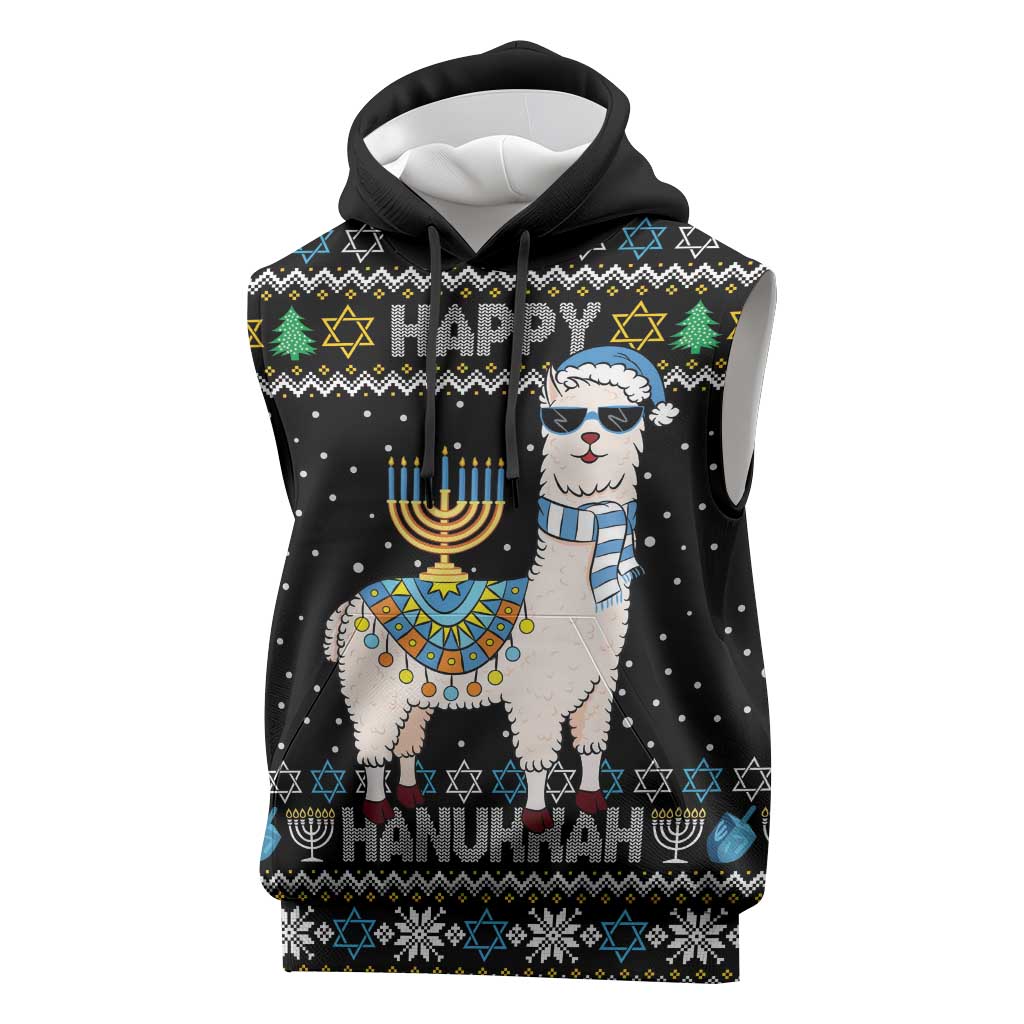 Happy Hanukkah Llama Sleeveless Hoodie Funny Menorah for Jewish Holiday - Wonder Print Shop