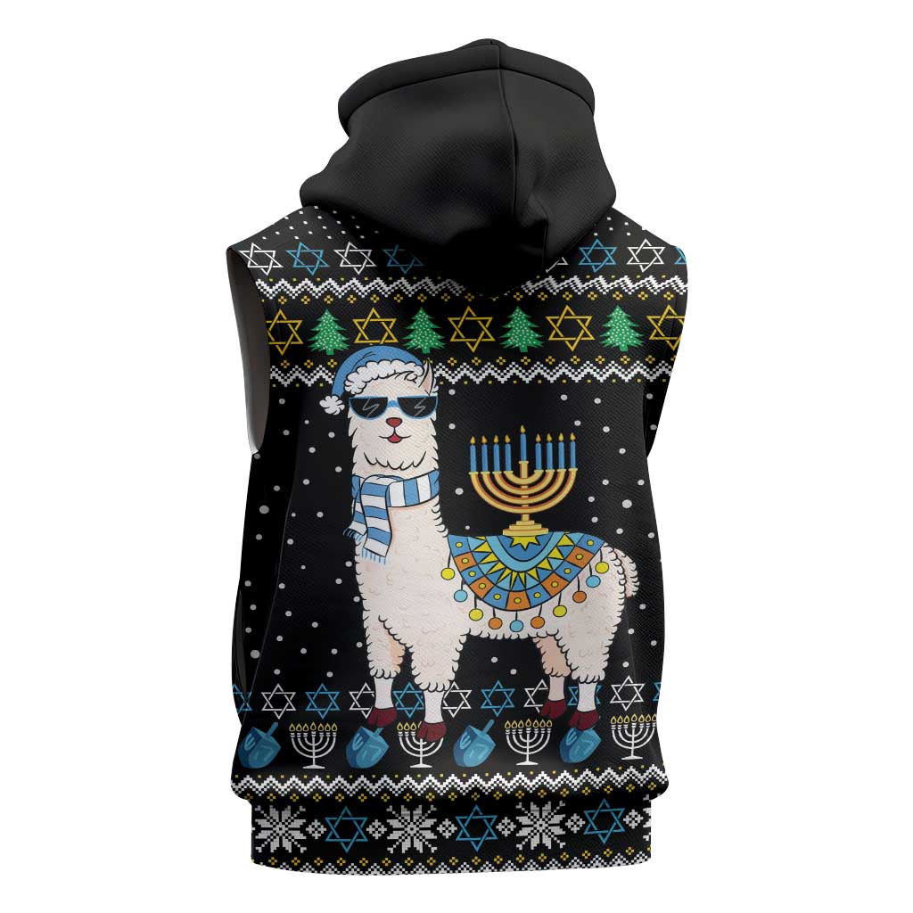Happy Hanukkah Llama Sleeveless Hoodie Funny Menorah for Jewish Holiday - Wonder Print Shop