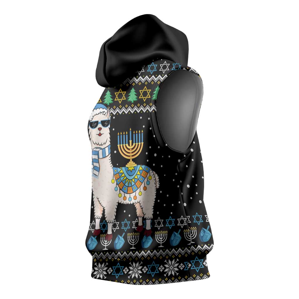 Happy Hanukkah Llama Sleeveless Hoodie Funny Menorah for Jewish Holiday - Wonder Print Shop