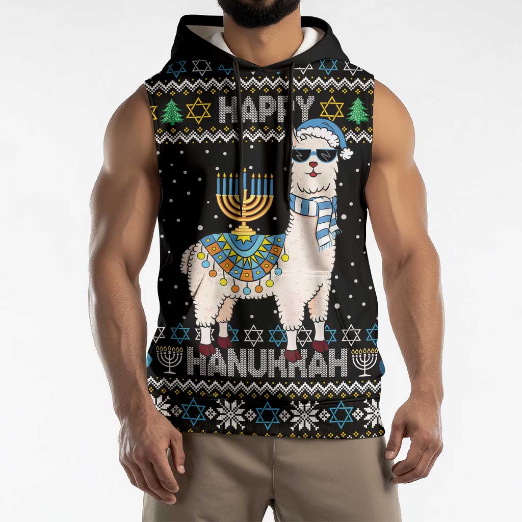Happy Hanukkah Llama Sleeveless Hoodie Funny Menorah for Jewish Holiday - Wonder Print Shop