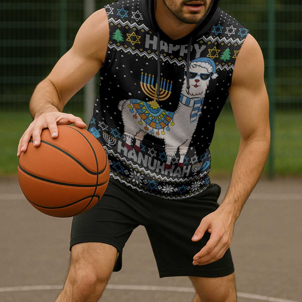 Happy Hanukkah Llama Sleeveless Hoodie Funny Menorah for Jewish Holiday - Wonder Print Shop