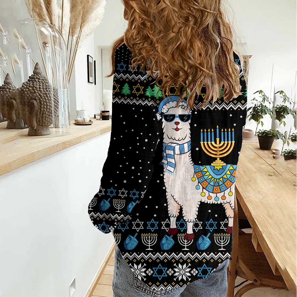 Happy Hanukkah Llama Women Casual Shirt Funny Menorah for Jewish Holiday - Wonder Print Shop