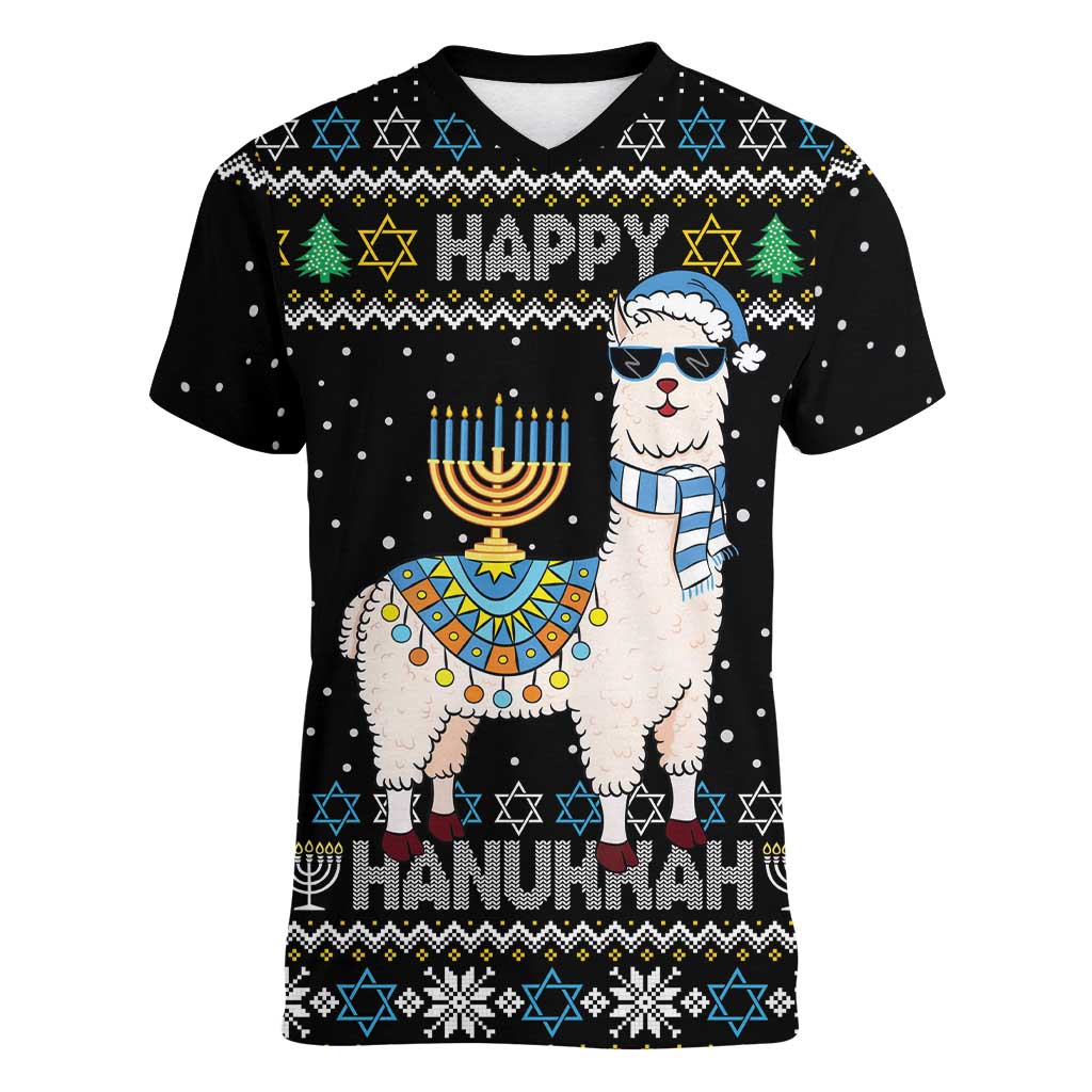 Happy Hanukkah Llama Women V-Neck T-Shirt Funny Menorah for Jewish Holiday - Wonder Print Shop