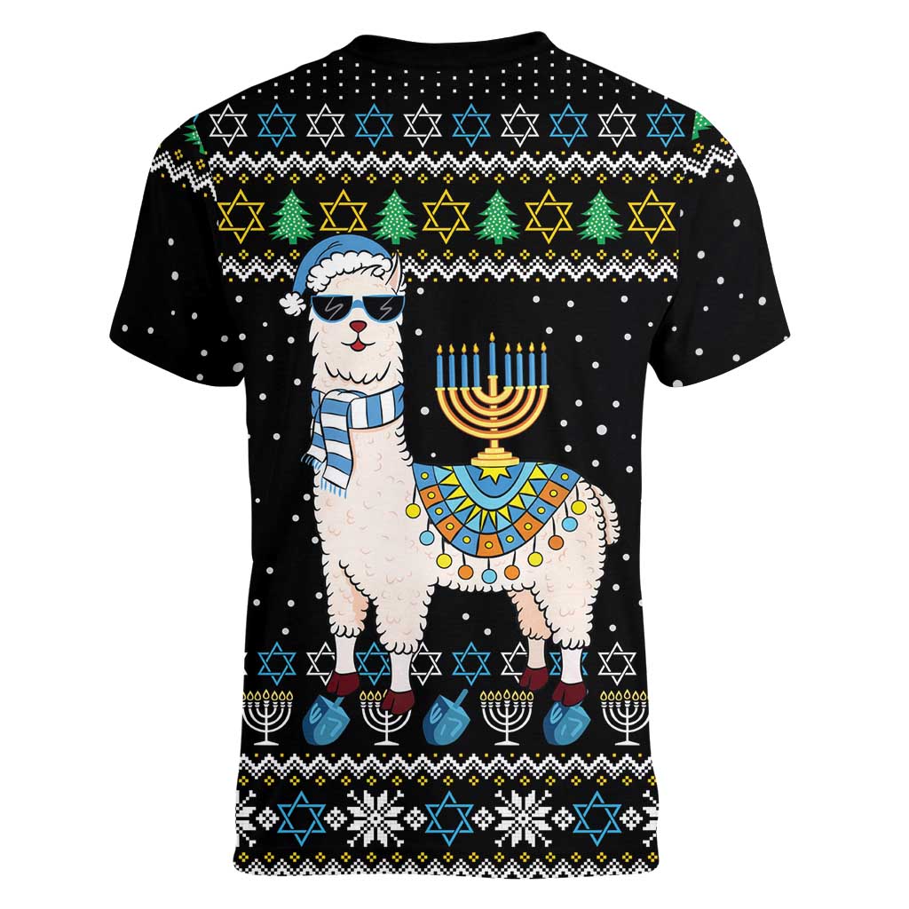 Happy Hanukkah Llama Women V-Neck T-Shirt Funny Menorah for Jewish Holiday - Wonder Print Shop