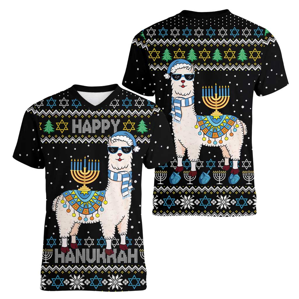 Happy Hanukkah Llama Women V-Neck T-Shirt Funny Menorah for Jewish Holiday - Wonder Print Shop