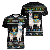 Happy Hanukkah Llama Women V-Neck T-Shirt Funny Menorah for Jewish Holiday - Wonder Print Shop