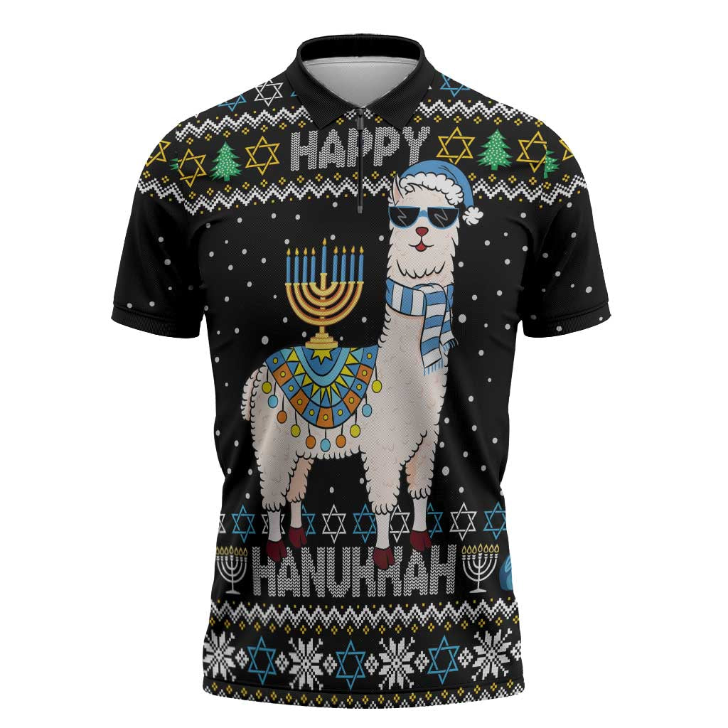 Happy Hanukkah Llama Zipper Polo Shirt Funny Menorah for Jewish Holiday - Wonder Print Shop