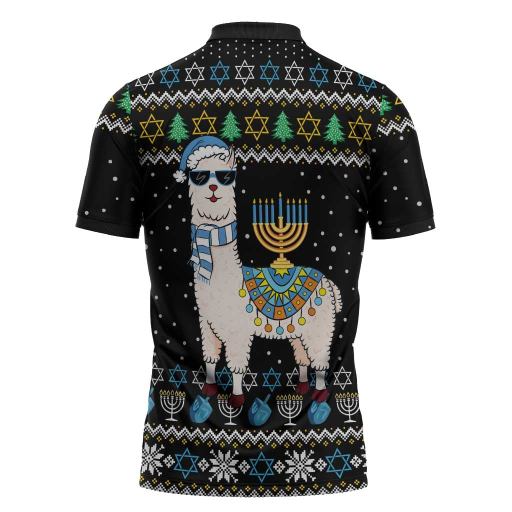 Happy Hanukkah Llama Zipper Polo Shirt Funny Menorah for Jewish Holiday - Wonder Print Shop