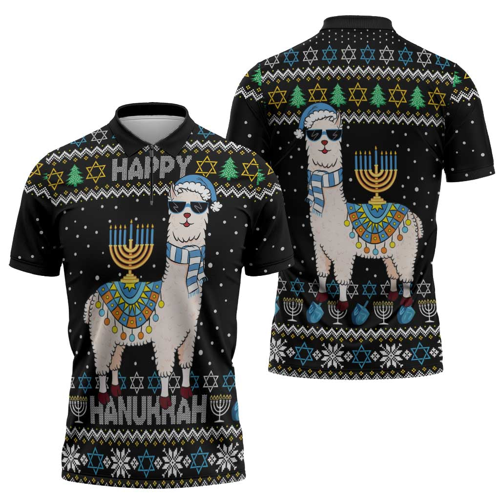 Happy Hanukkah Llama Zipper Polo Shirt Funny Menorah for Jewish Holiday - Wonder Print Shop