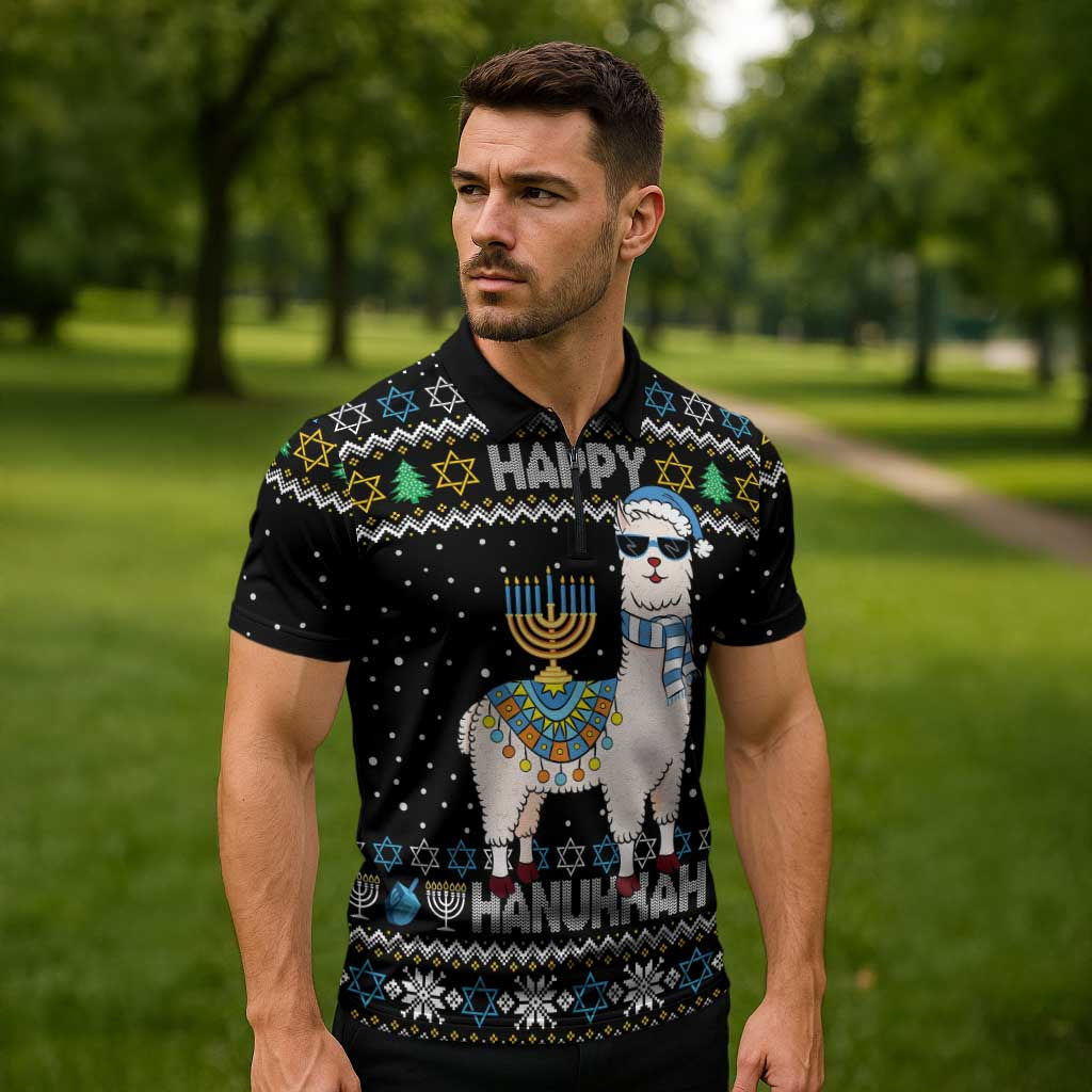 Happy Hanukkah Llama Zipper Polo Shirt Funny Menorah for Jewish Holiday - Wonder Print Shop